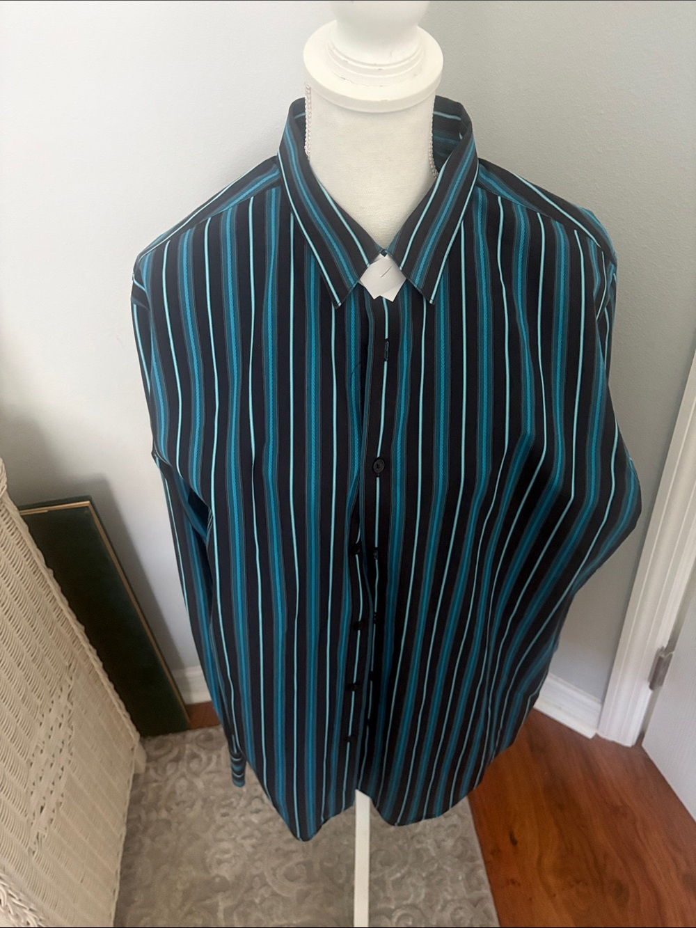 INC International Concepts Black Shirt with Teal and Light Blue Stripes